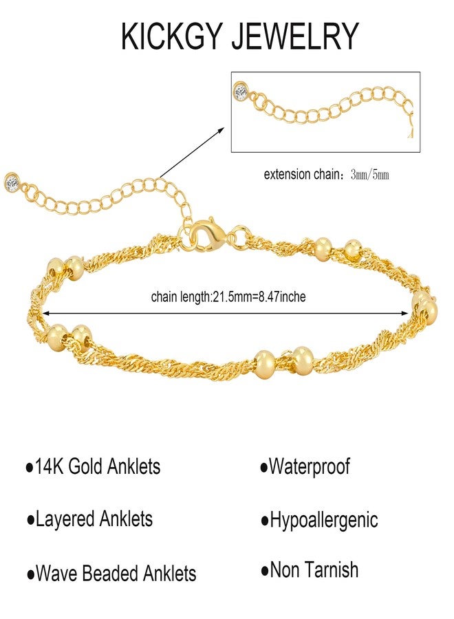 KICKGY Gold Anklets for Women Waterproof, 14K Gold Plated Wave Beaded Anklets Dainty Gold Ankle Bracelets for Women Plus Size Cute Beach Anklets Summer Simple Gold Jewelry for Women Gifts - Image 4